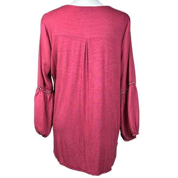 Fortune + Ivy Top Women Large Magenta Pink Sheer Eyelets Puffy Sleeve Boho Tunic - Picture 2 of 11